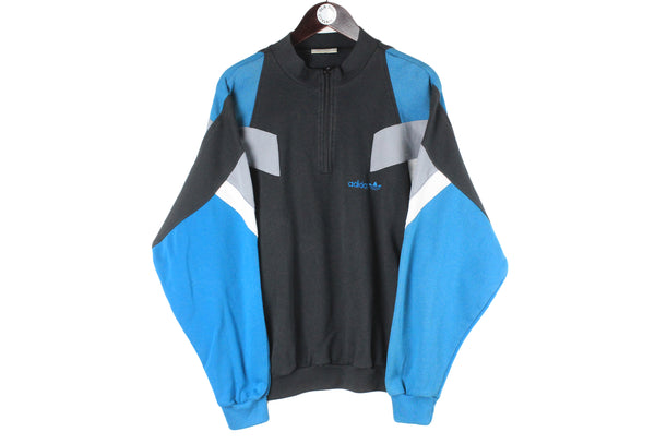 Vintage Adidas Sweatshirt 1/4 Zip Medium black blue 90s retro sport style crewneck jumper classic sportswear