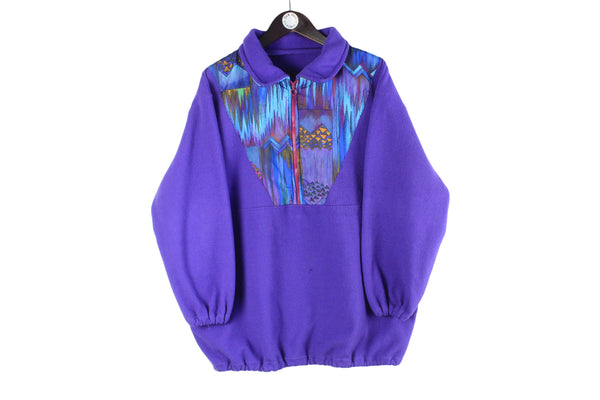 Vintage Fleece 1/4 Zip Women’s XLarge purple 90s retro half zip abstract pattern winter sport sweater classic ski style crazy print cozy pullover