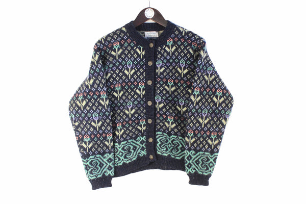 Vintage United Colors of Benetton Cardigan Sweater Women's Large blue pullover 90s retro made in Italy floral pattern authentic winter wool sweater