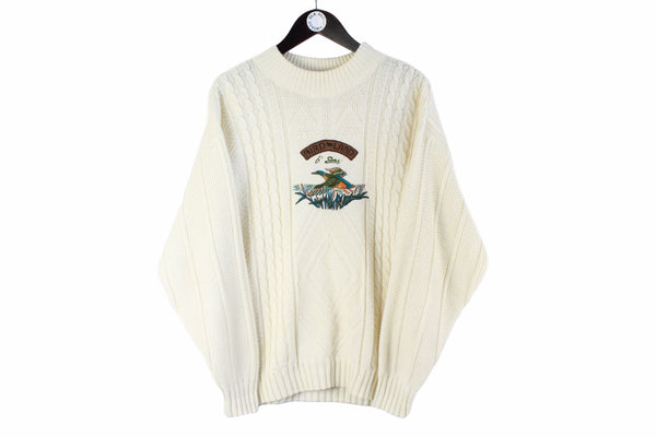 Vintage Bird Land Sweater Large beige embroidery winter crewneck 90s jumper hunting forest pullover