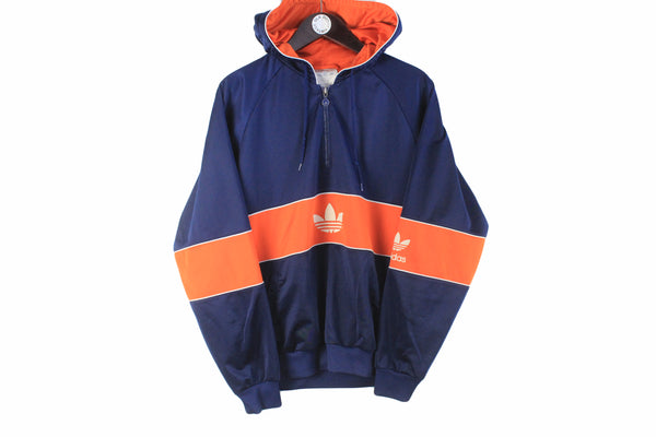 Vintage Adidas Hoodie Medium navy blue orange big logo 90s retro sport style hooded jumper nylon polyester 