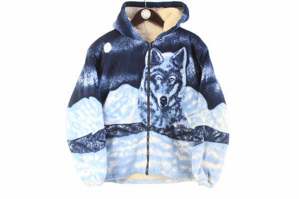 Vintage Wolf Fleece Full Zip Women’s Medium blue nature animal pattern dog sherpa sweater 90s classic style ski wear 