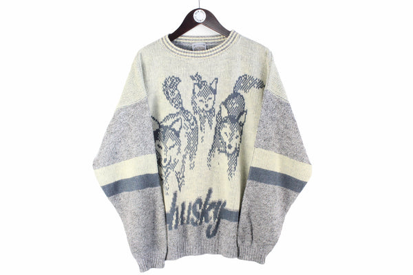 Vintage Husky Sweater Large gray 90s retro dog animal pattern crewneck sport style 