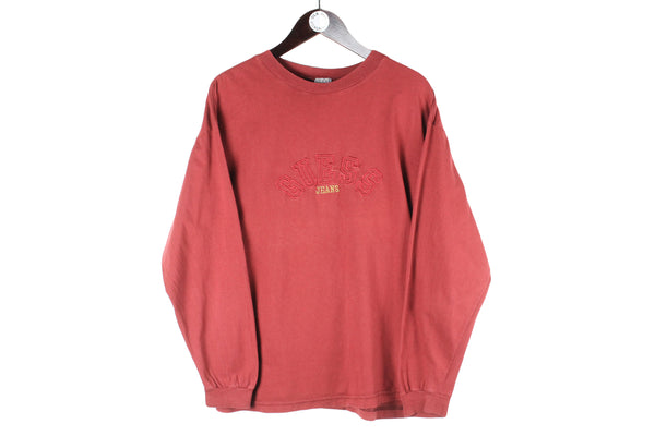  Vintage Guess Sweatshirt Small red big embroidery logo spellout 90s retro crewneck jumper
