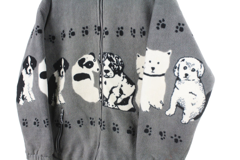 Vintage Dogs Print Fleece Full Zip Women's Large