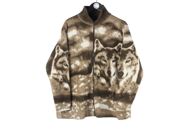 Vintage Wolf Fleece Women’s Large wild animal sweater 90s retro winter jumper 
