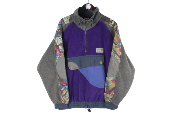 Vintage Fleece 1/4 Zip Medium gray multicolor 90s retro pullover sport jumper sweater ski extreme abstract pattern pullover