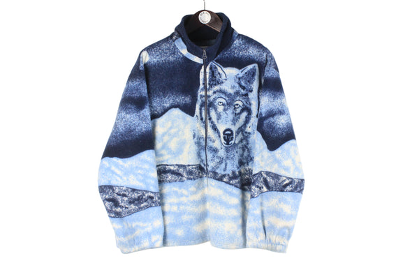 Vintage Wolf Fleece Women’s XLarge / Men’s Small Oversized blue animal pattern sweater wild print nature jumper ski wear cozy 