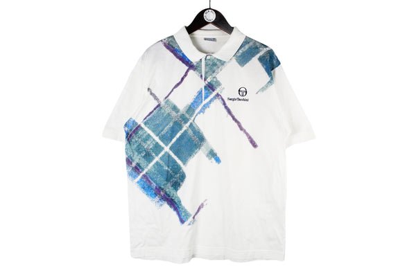 Vintage Sergio Tacchini Polo T-Shirt XLarge abstract pattern white blue 90s retro tennis sport style shirt