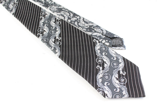 authentic silk neckwear vintage tie luxury brand 90s 00s Versace V2 black abstract pattern luxury silver print
