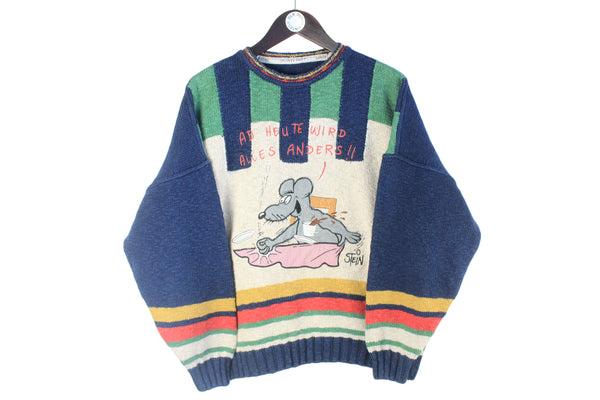 Vintage Jacques Britt Sweater Small green blue 90s retro pullover jumper embroidery mouse pattern