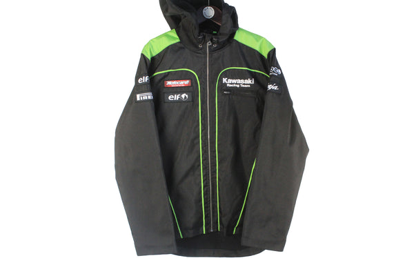 Vintage Kawasaki Ninja Jacket Medium / Large racing team black hooded windbreaker 00s authentic Moto GP jacket