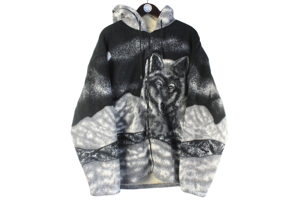 Vintage Wolf Fleece Full Zip XLarge / XXLarge animal pattern nature black gray hooded sweater 