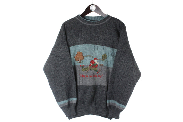 Vintage Golf Sweater Medium embroidery pullover "Today is my lucky day" gray sport style pullover jumper