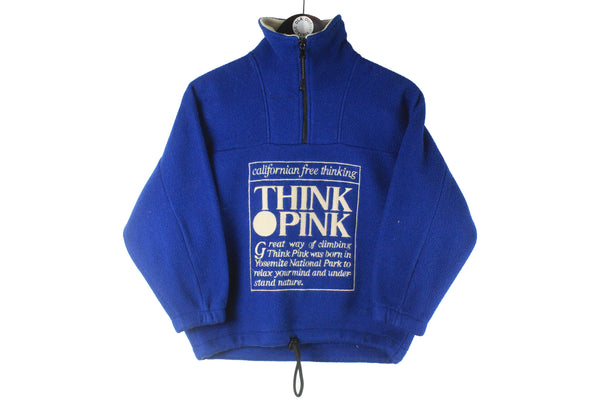 Vintage Think Pink Fleece 1/4 Zip Kids blue big logo 90s retro outdoor trekking style young size sweater