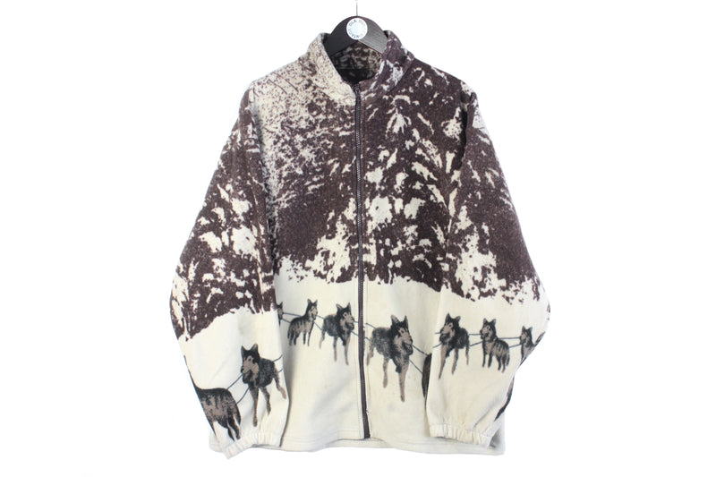 Vintage Wolf Fleece Full Zip Large beige brown 90s retro winter sweater animal patter husky arctic dogs print