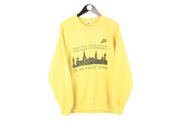 Vintage Nike Sweatshirt Medium The City Of Glasgow Great Scottish Run 1994 90s yellow big logo retro sport style crewneck pullover