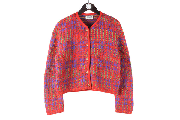 Vintage United Colors of Benetton Cardigan Women’s Medium blazer 90s retro wool cozy red abstract pattern bright fancy jacket
