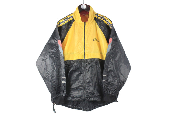 Vintage Asics Jacket Medium yellow black 90s retro sport style full zip windbreaker
