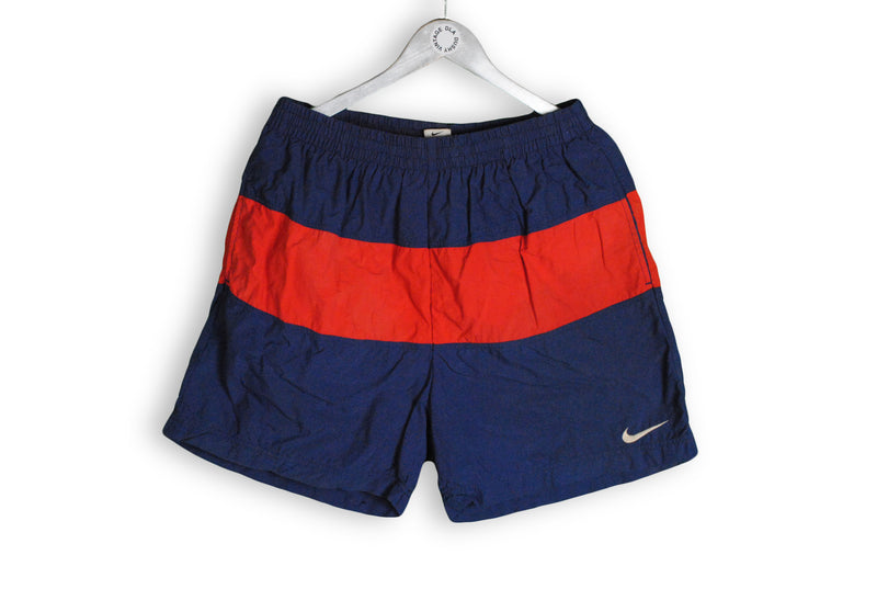 Vintage Nike Shorts Large big logo navy blue red swimming shorts