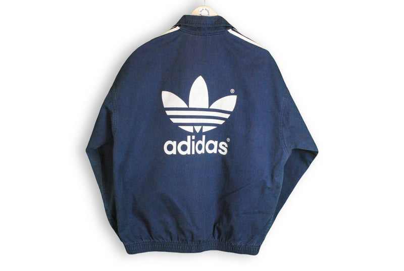 Vintage Adidas Sweatshirt Medium work wear anorak jacket heavy cotton navy blue big logo  80s