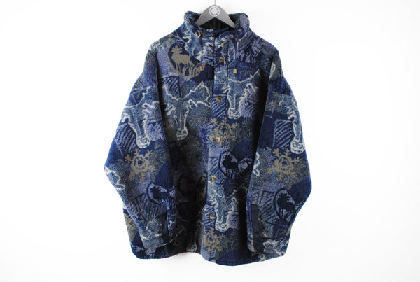 Vintage Helly Hansen Fleece Jacket Large button dear animal pattern 90s 80s retro warm winter coat