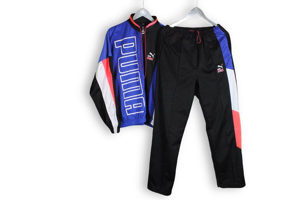 Vintage Puma Equip Big logo Tracksuit Medium 90s classic sport suit track jacket and pants black blue