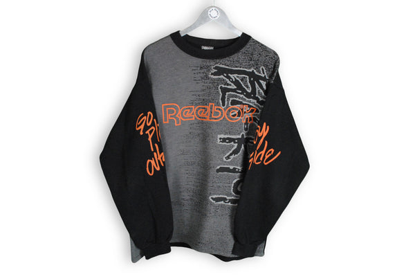 Vintage Reebok Sweatshirt Large big logo large print black orange 90's style 00's wear