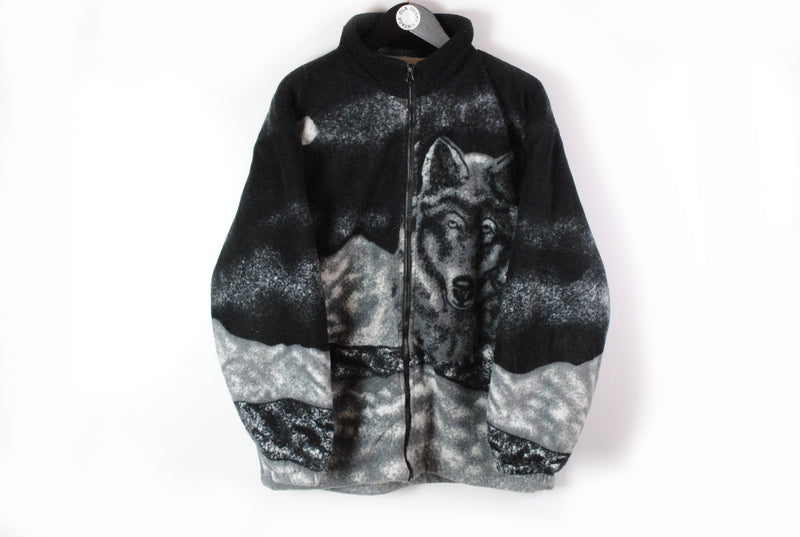 Vintage Wolf Fleece Full Zip Large black print animal pattern sweater