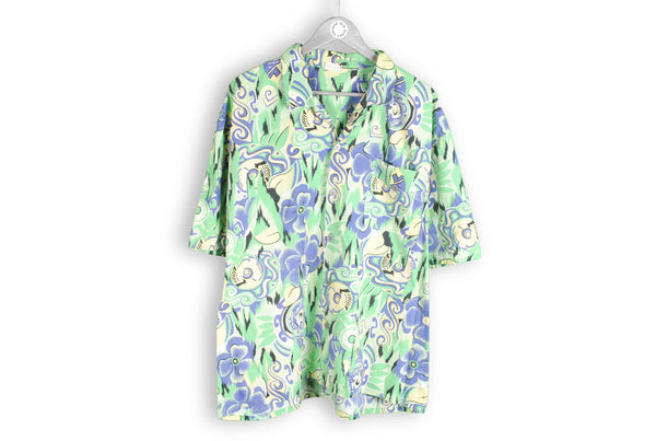 vintage green blue hawaii silk shirt floral pattern