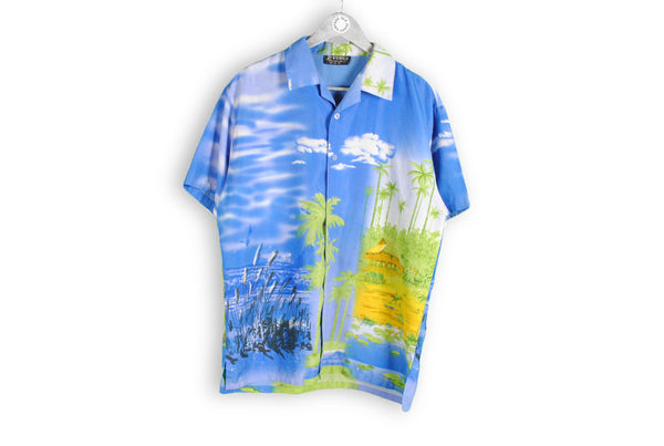 vintage hawaii beautiful pattern shirt sea house village fuhua sky blue