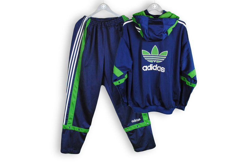 Vintage Adidas Tracksuit XLarge navy blue green big logo hooded jacket and pants