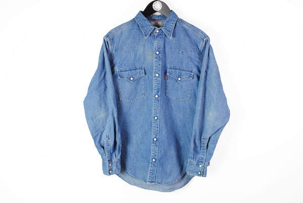 Vintage Levis Denim Shirt Medium 90s sport style blue jean blouse