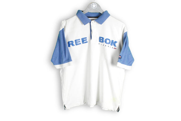 Vintage Reebok Classic Polo T-Shirt Medium big logo white blue