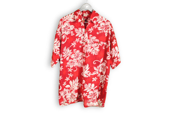 vintage red floral pattern white shirt hawaii