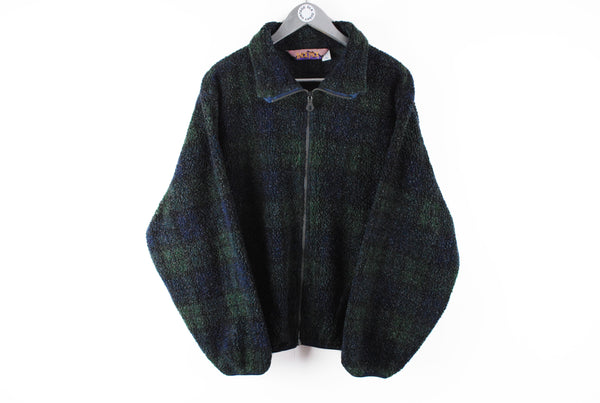 Vintage Fleece Full Zip Large plaid pattern green blue made in USA 80s sweater