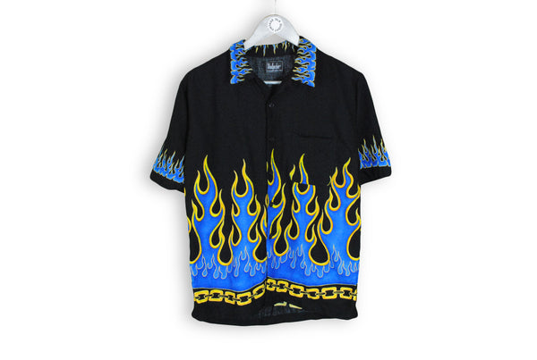 Vintage Hawaii Shirt Small black blue fire pattern biker shirt 80s