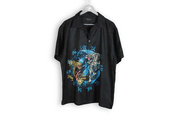 New Roads Hawaii Shirt silk black japan pattern dragon and tiger