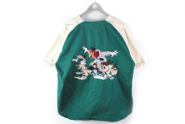 Vintage Warner Bros 1995 Baseball Jersey T-Shirt Large green blue big logo embroidery Looney Tunes 90s shirt