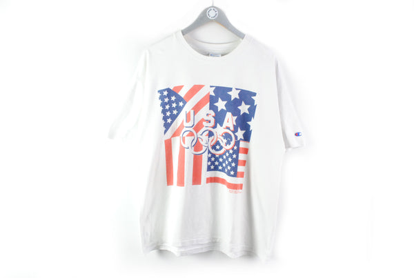 Vintage Champion USA Olympic Team T-Shirt XLarge white big logo 90s retro cotton shirt
