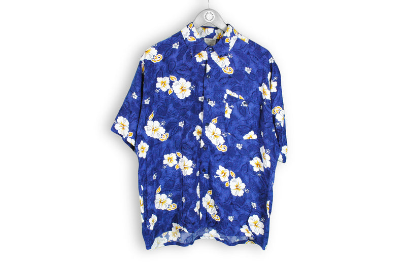 Vintage Hawaii Shirt XLarge blue floral flowers pattern aloha Island print