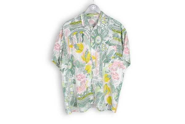 Vintage Hawaii Shirt XL green abstract pattern blouse 80s