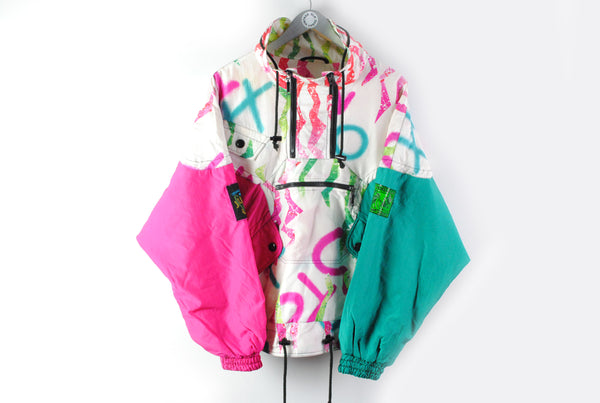 Vintage Les 3 Switzerland Ski Anorak Jacket Small / Medium graffiti style multicolor white pink green retro 80s new generation sport anorak windbreaker