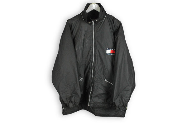vintage black tommy hilfiger big logo bootleg jacket