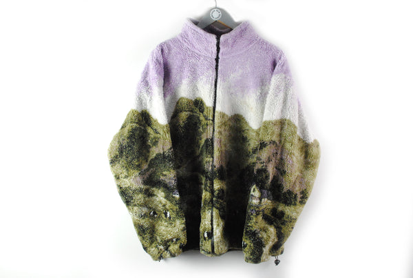 Vintage Fleece Full Zip XLarge nature landscape print retro 90s pattern purple green 