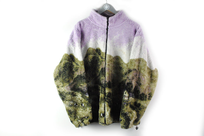 Vintage Fleece Full Zip XLarge nature landscape print retro 90s pattern purple green 