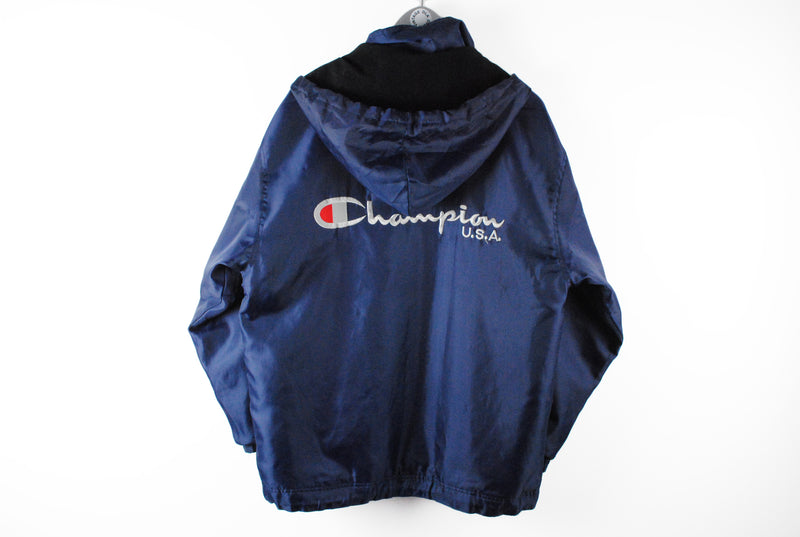 Vintage Champion USA Jacket Large / XLarge navy blue big logo sport hooded coat 90s