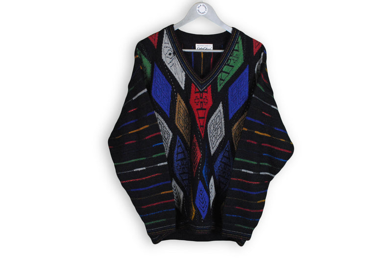 Vintage Carlo Colucci Sweater XLarge black multicolor warm winter cardigan 90s V-neck made in Germany