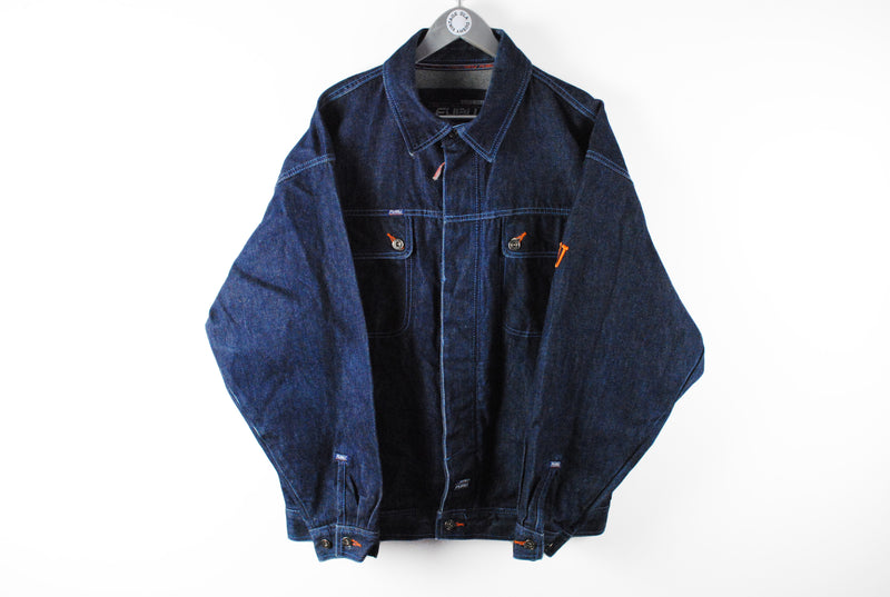 Vintage Fubu Denim Jacket Large / XLarge blue orange logo hip hop 90s rare jean jacket