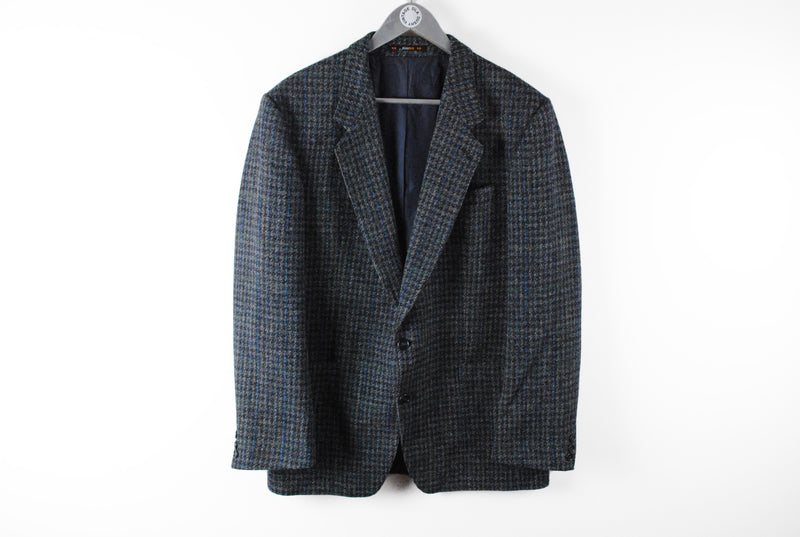 Vintage Harris Tweed Blazer Large gray blue plaid wool 90s jacket